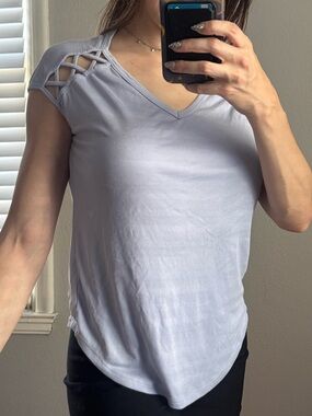 V-Neck Lavender Short Sleeve Tee with Lattice Shoulder Detail